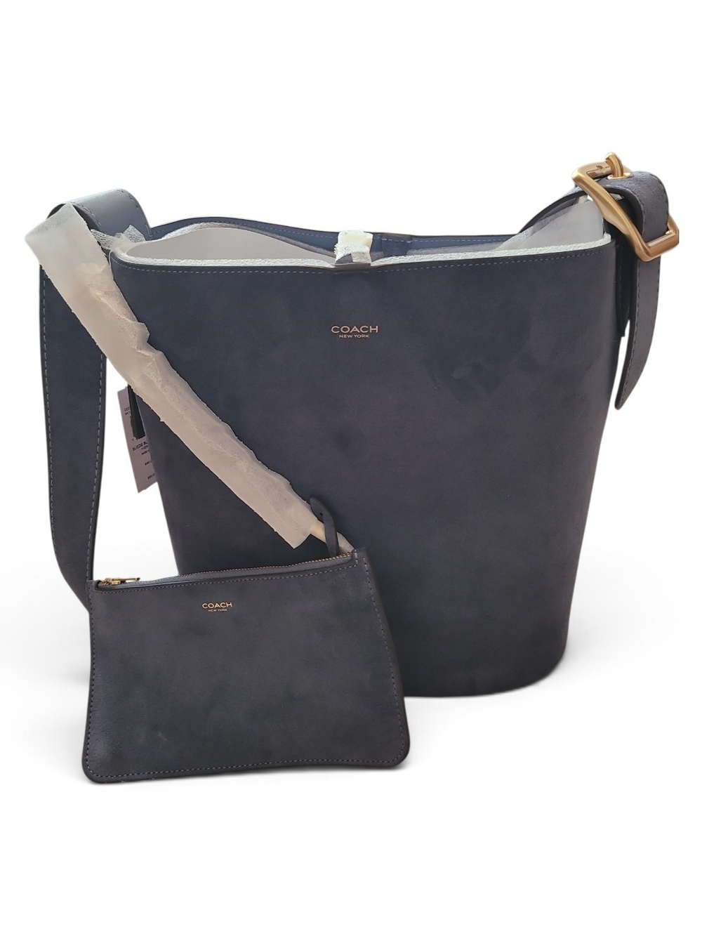 Coach Suede Bleecker Bucket Bag With Matching Pouch In Light Denim NWT